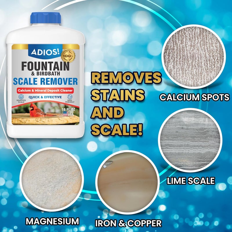 ADIOS! ! Fountain Scale Remover for Calcium, Lime and Hard Water Deposits on Bird Fountains, Baths and Water Features (16 oz) - Image 2